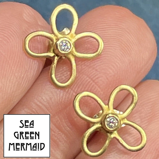 14k Yellow Gold Diamond DAISY Flower Earrings. TINY!