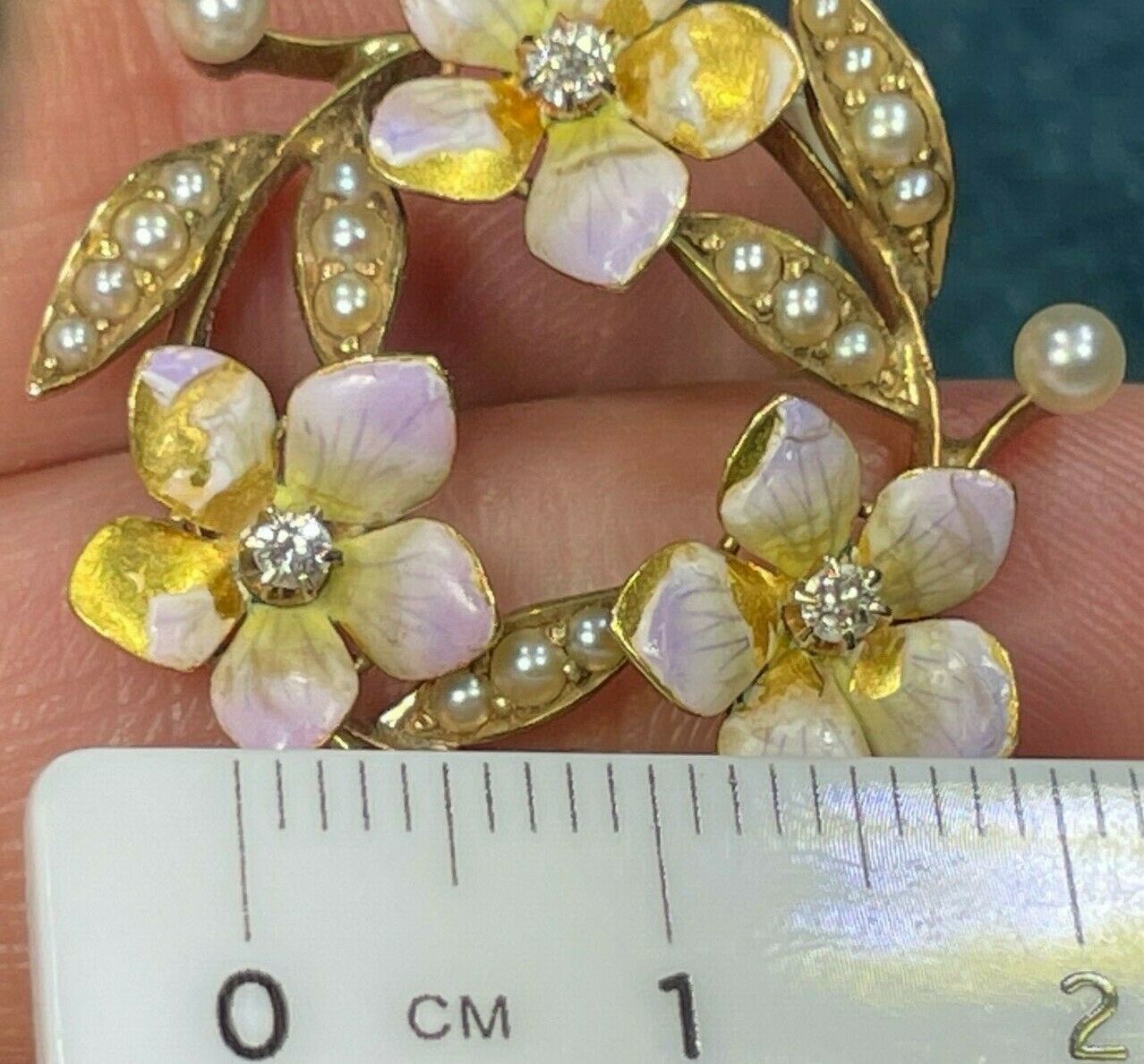 14k Yellow Gold Diamond Pink Cherry Blossom Flower Pendant. Enamel_ts377_12_20