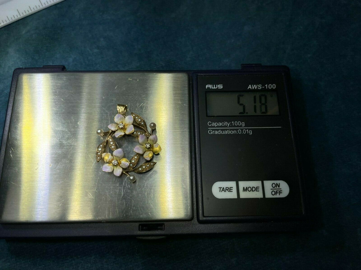 14k Yellow Gold Diamond Pink Cherry Blossom Flower Pendant. Enamel_ts377_12_20