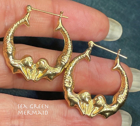 14k Yellow Gold Double MERMAID Hoop Art Deco Earrings. 1.2"