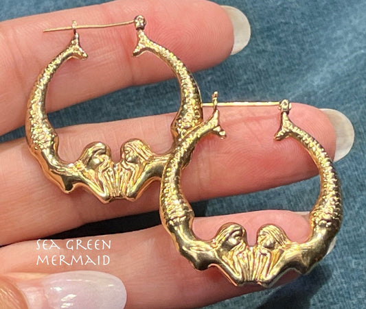 14k Yellow Gold Double MERMAID Hoop Art Deco Earrings. 1.3"