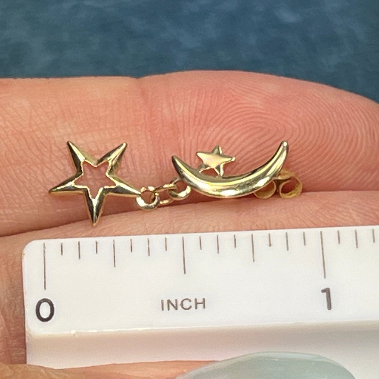 14k Yellow Gold Earrings w Dangly Crescent Moon & Stars.