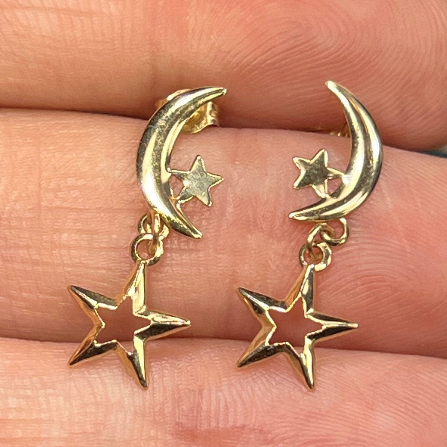 14k Yellow Gold Earrings w Dangly Crescent Moon & Stars.