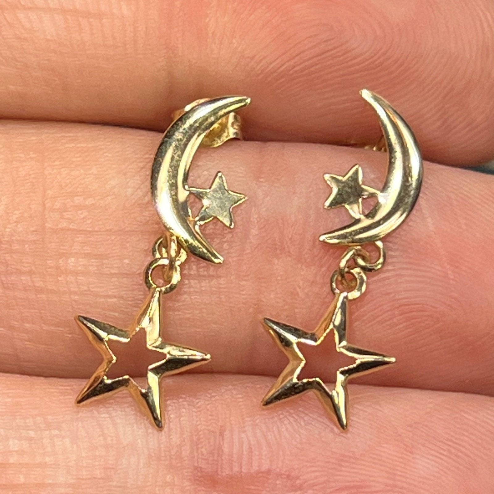 14k Yellow Gold Earrings w Dangly Crescent Moon & Stars.