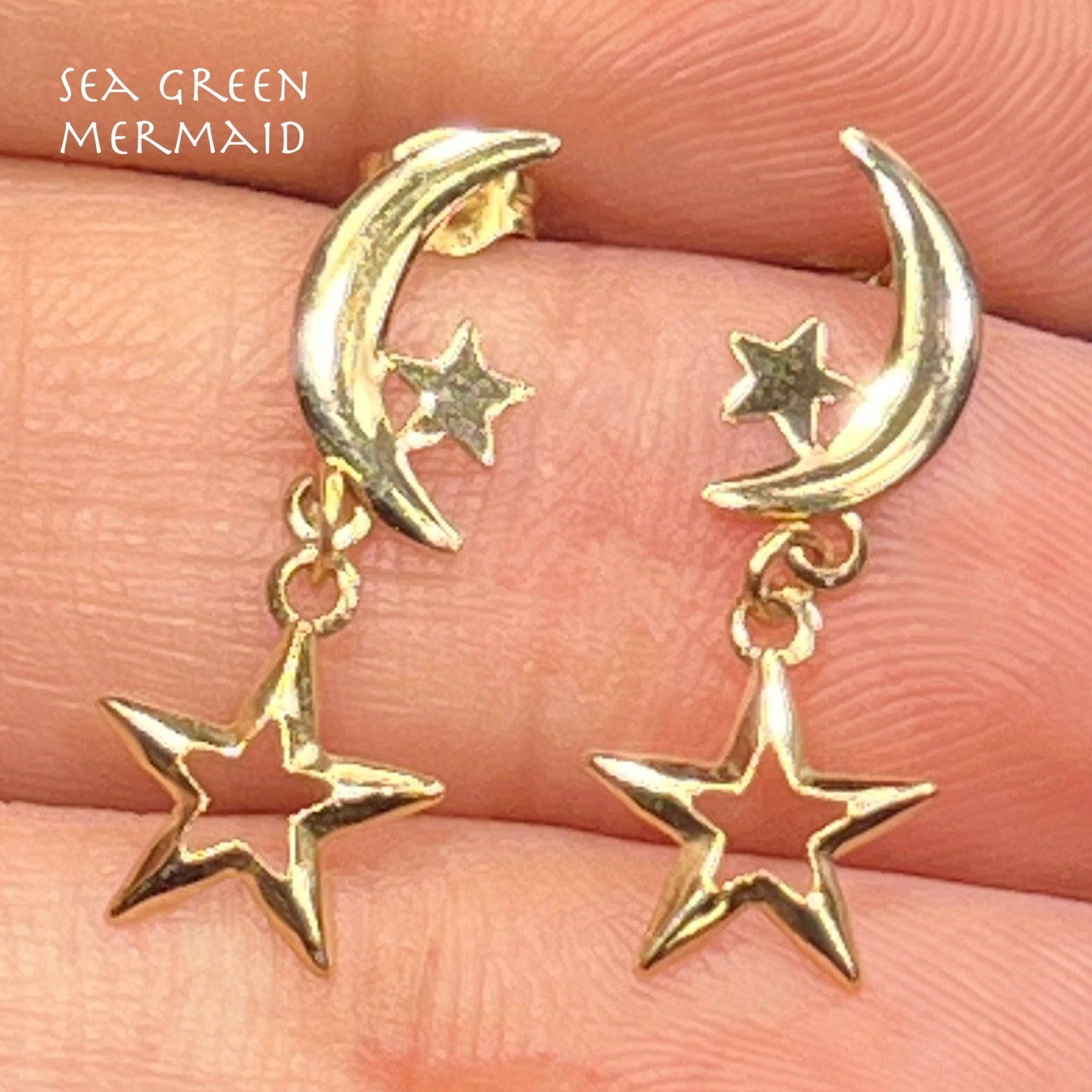 14k Yellow Gold Earrings w Dangly Crescent Moon & Stars.