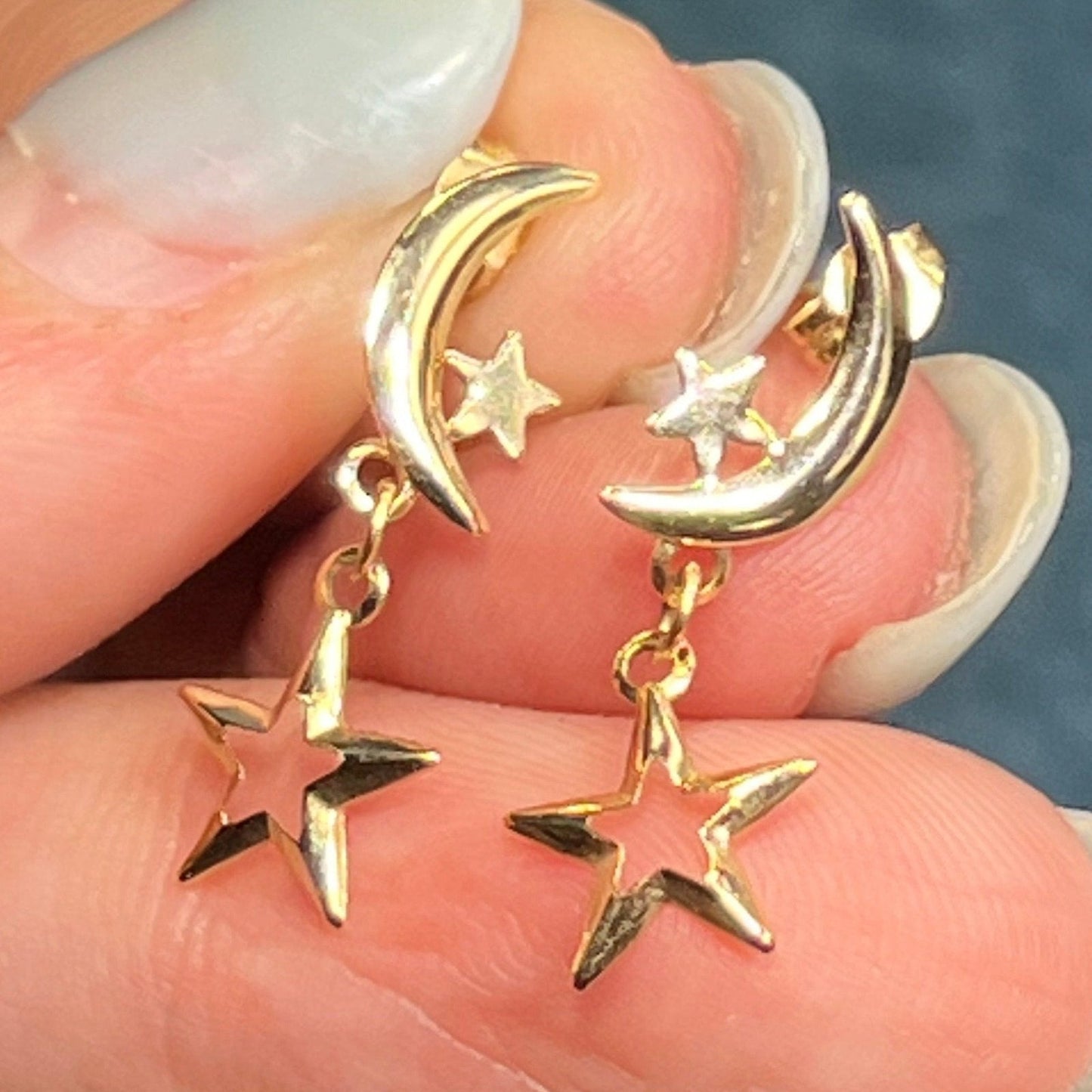14k Yellow Gold Earrings w Dangly Crescent Moon & Stars.