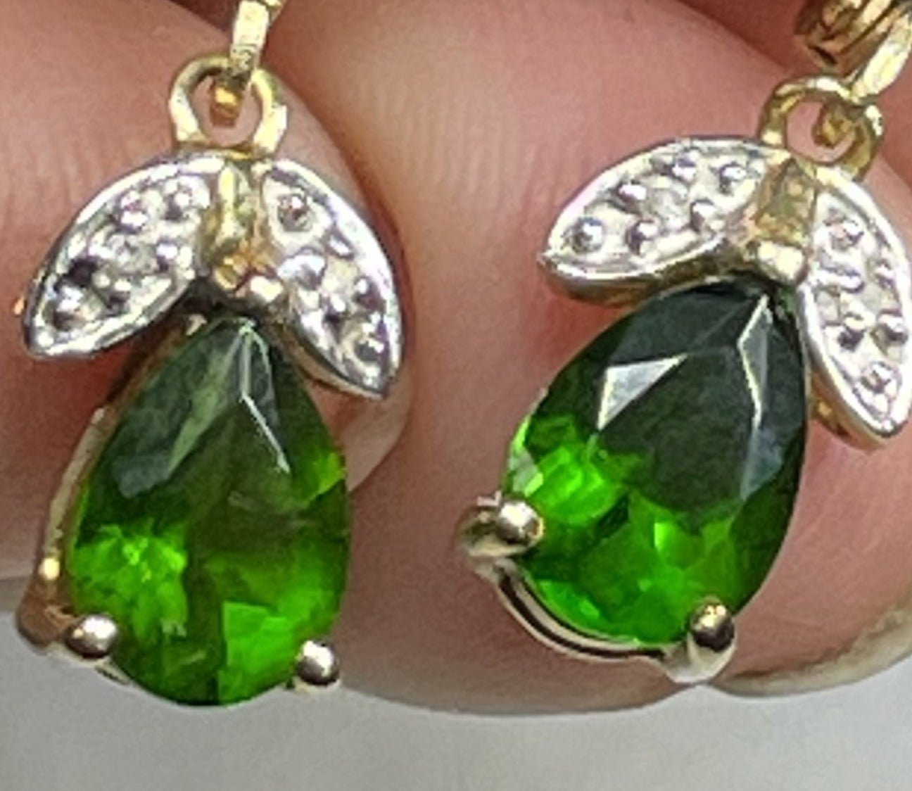 14k Yellow Gold Emerald Teardrop & Diamond Leverback Earrings