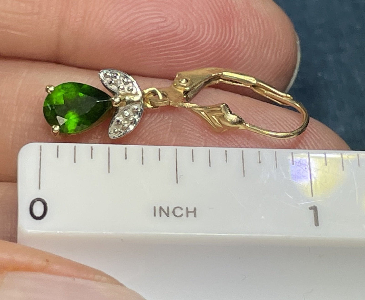 14k Yellow Gold Emerald Teardrop & Diamond Leverback Earrings
