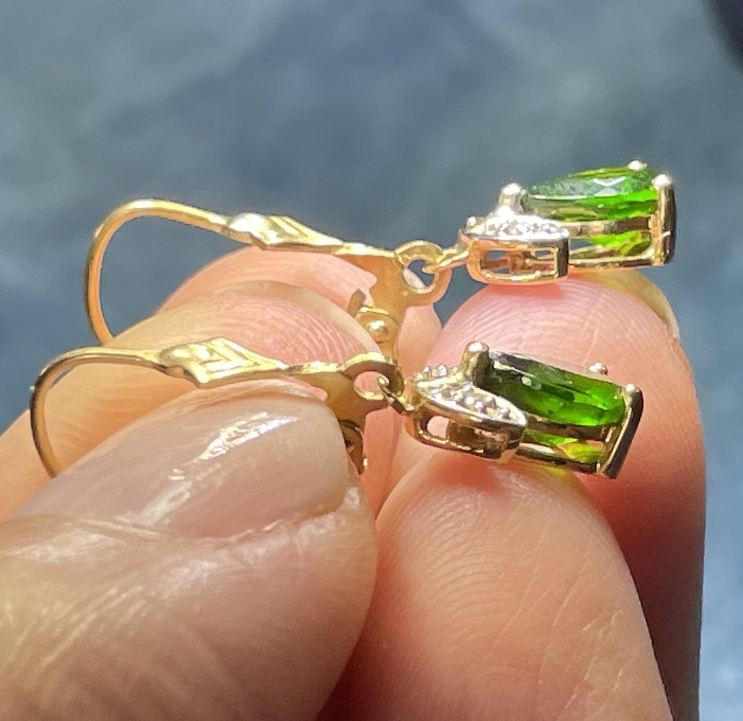 14k Yellow Gold Emerald Teardrop & Diamond Leverback Earrings