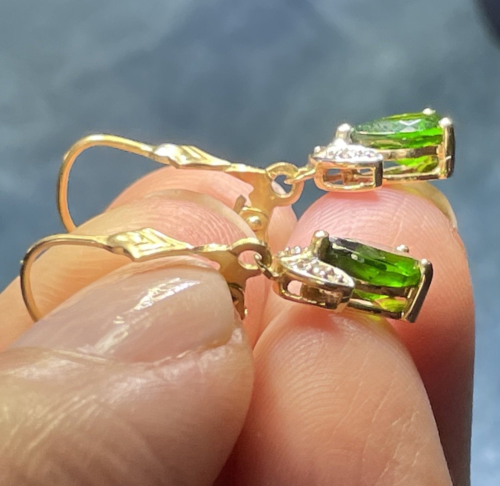 14k Yellow Gold Emerald Teardrop & Diamond Leverback Earrings