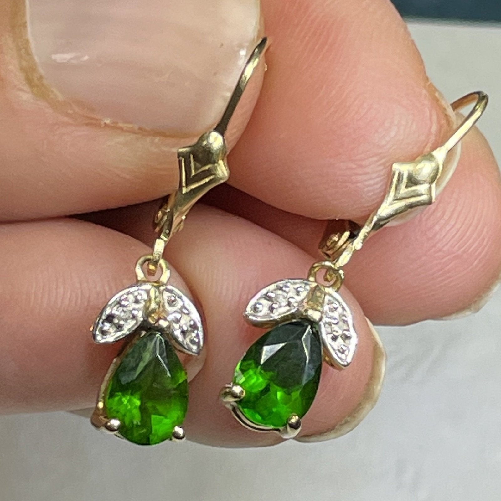 14k Yellow Gold Emerald Teardrop & Diamond Leverback Earrings