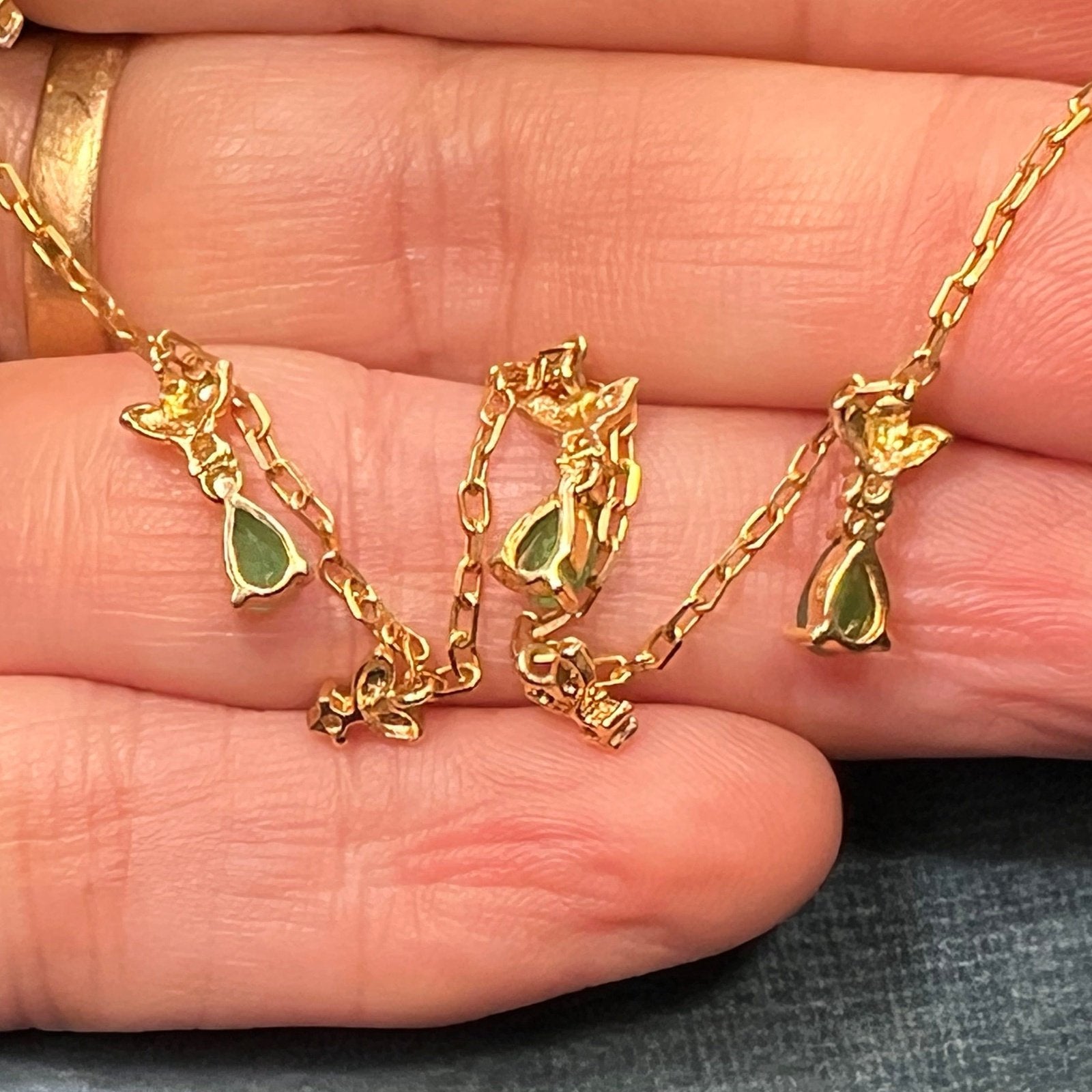14k Yellow Gold Emerald Teardrop & Diamond Necklace. Festoon Bib