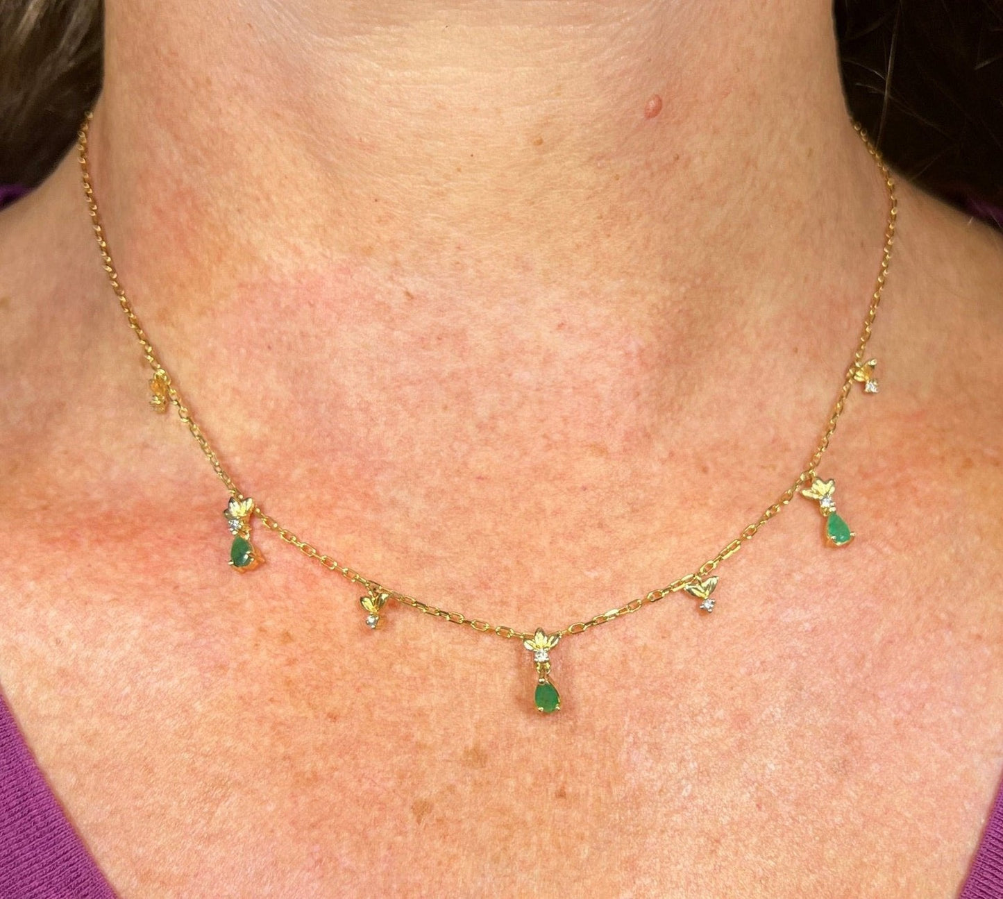 14k Yellow Gold Emerald Teardrop & Diamond Necklace. Festoon Bib