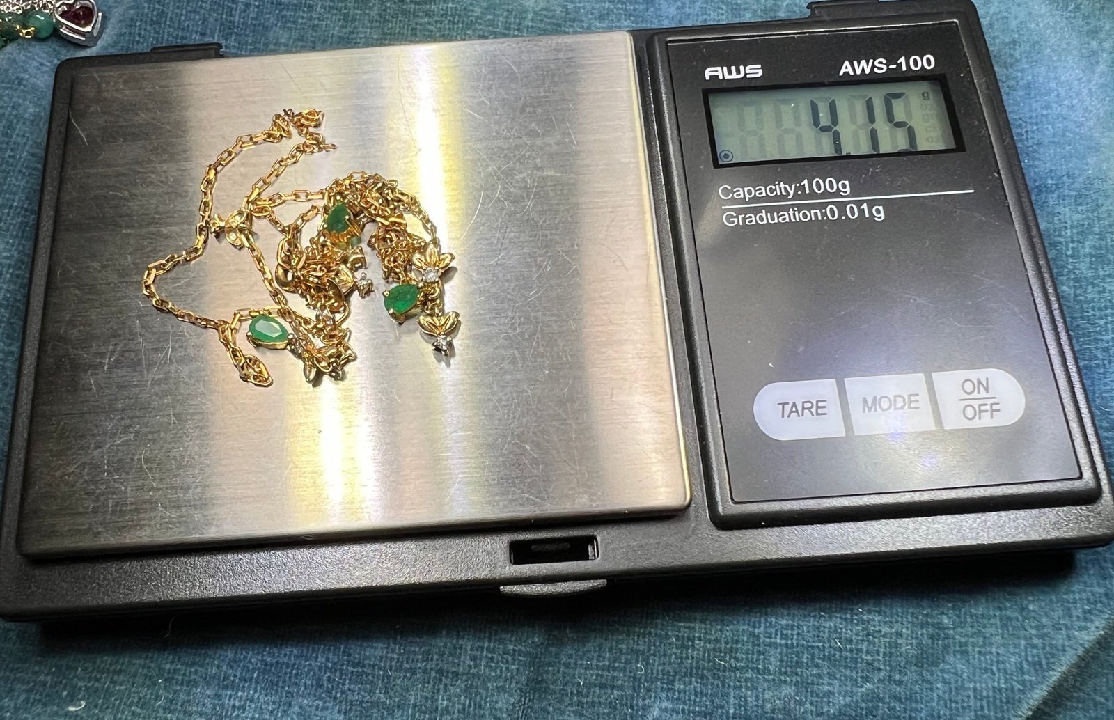 14k Yellow Gold Emerald Teardrop & Diamond Necklace. Festoon Bib