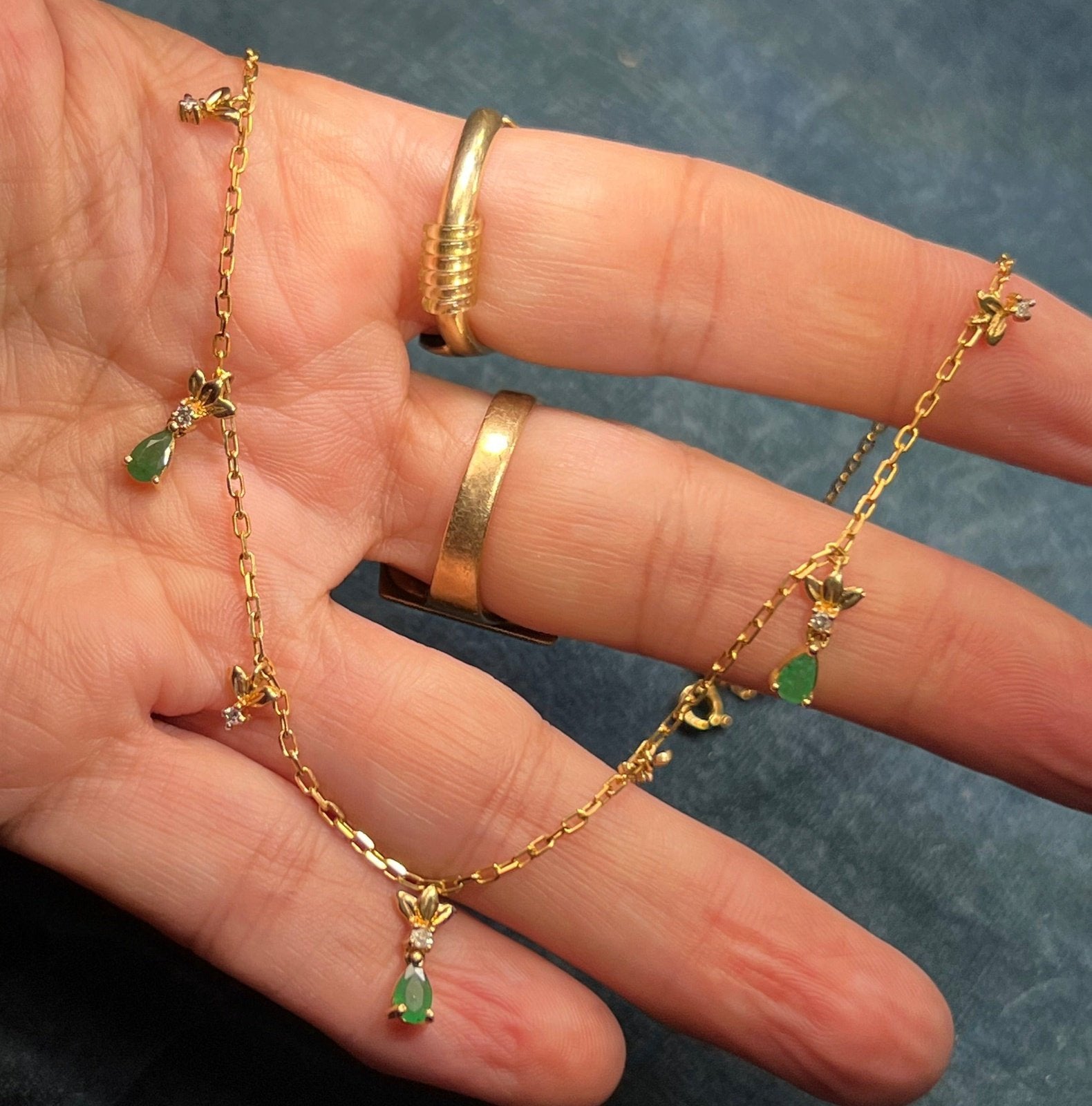 14k Yellow Gold Emerald Teardrop & Diamond Necklace. Festoon Bib
