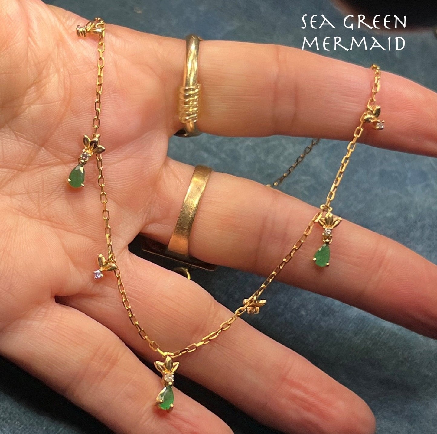 14k Yellow Gold Emerald Teardrop & Diamond Necklace. Festoon Bib