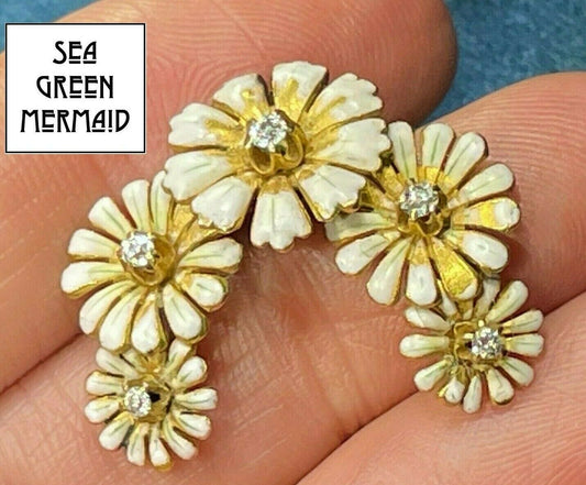 14k Yellow Gold Enamel DAISY Pendant w Diamonds. 1" Lucky Horseshoe