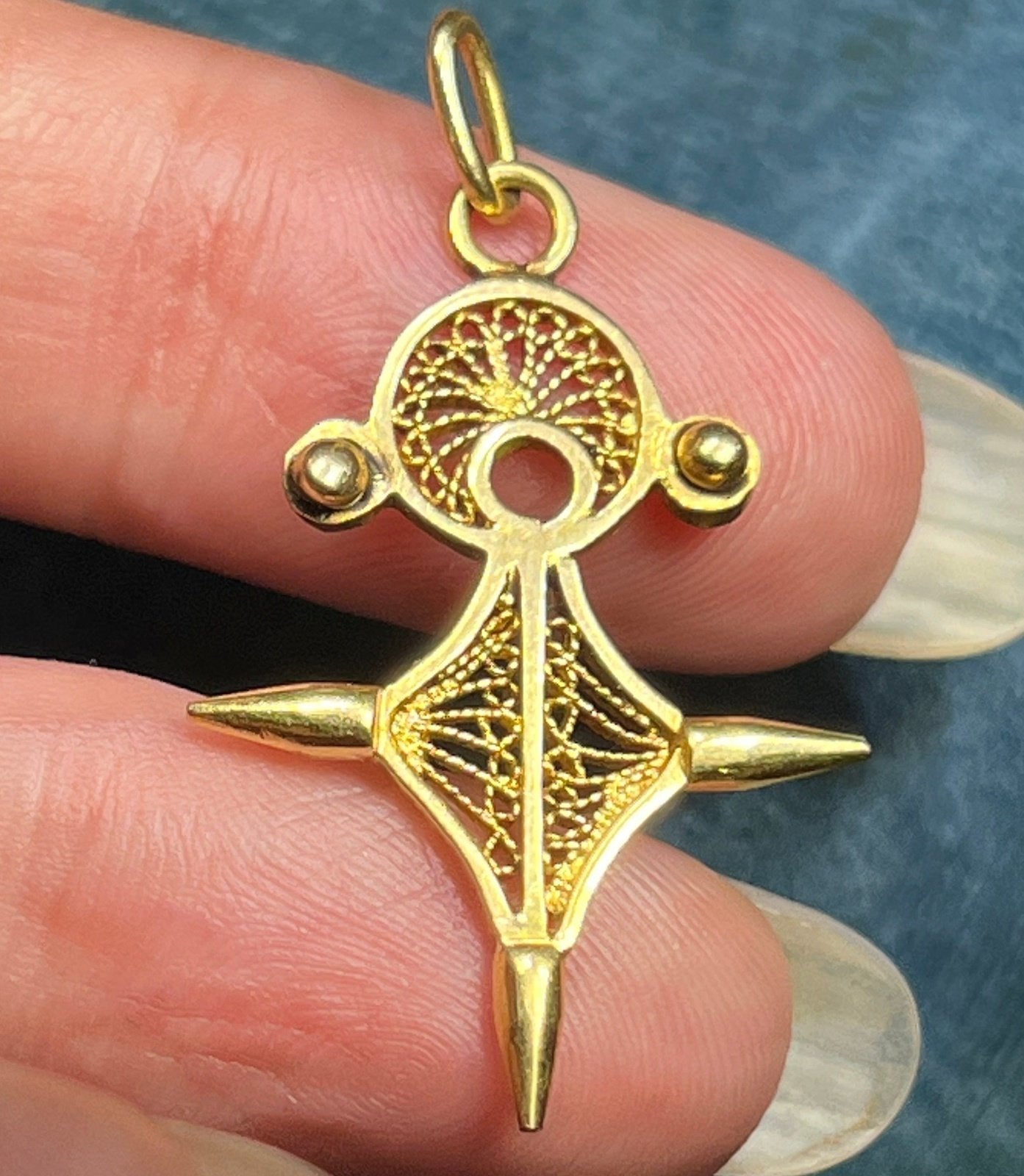 14k Yellow Gold Filigree African Cross Pendant Sea Green Mermaid
