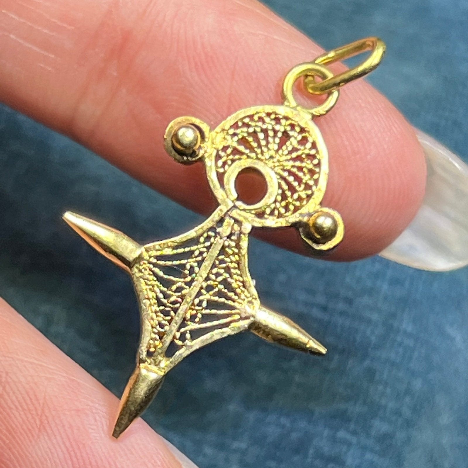 14k Yellow Gold Filigree African Cross Pendant Sea Green Mermaid