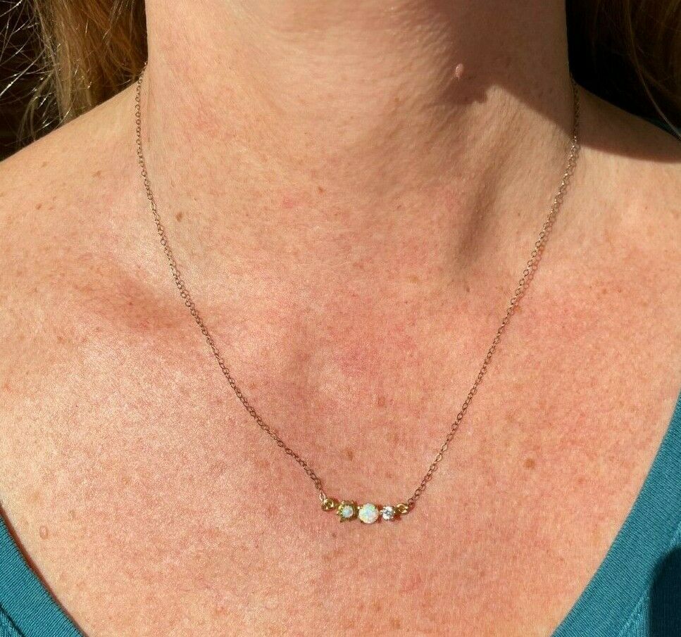 14k Yellow Gold Filled Chain Necklace w Lab Opal Pendant in 925. Tiny!_b55_12_20