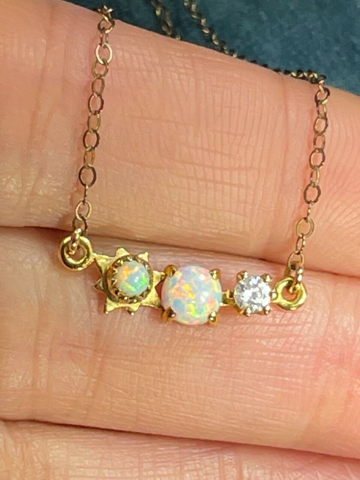 14k Yellow Gold Filled Chain Necklace w Lab Opal Pendant in 925. Tiny!_b55_12_20