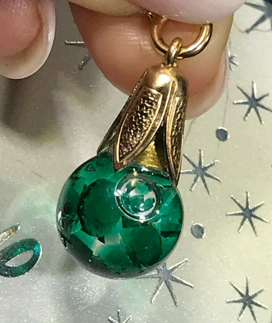 14k Yellow Gold "Floating Emerald" Snow-Globe Style Pendant. Large 1" **VIDEO**
