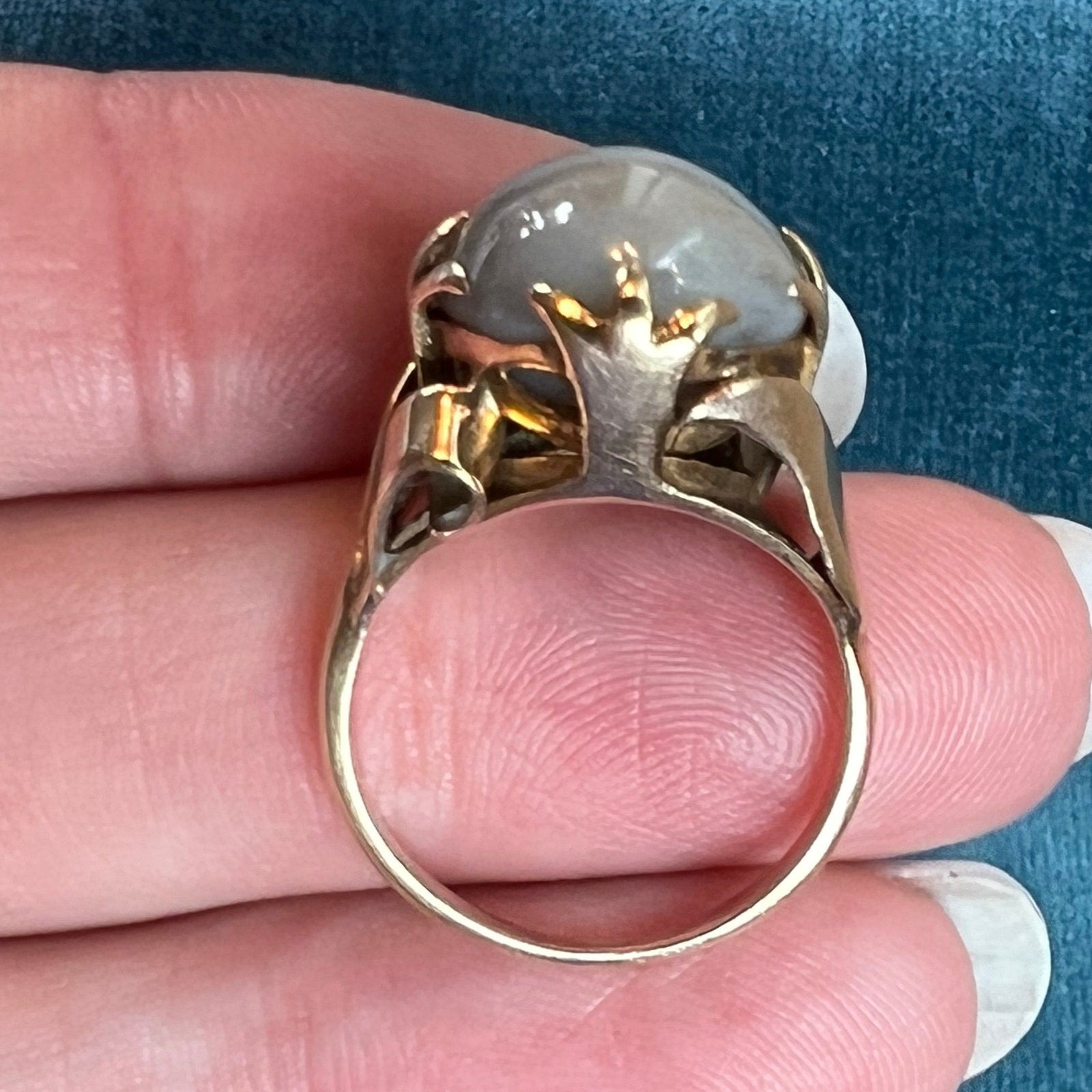 14k Yellow Gold Gray Star Sapphire Ring. Lotus Blossom Prongs *VIDEO*