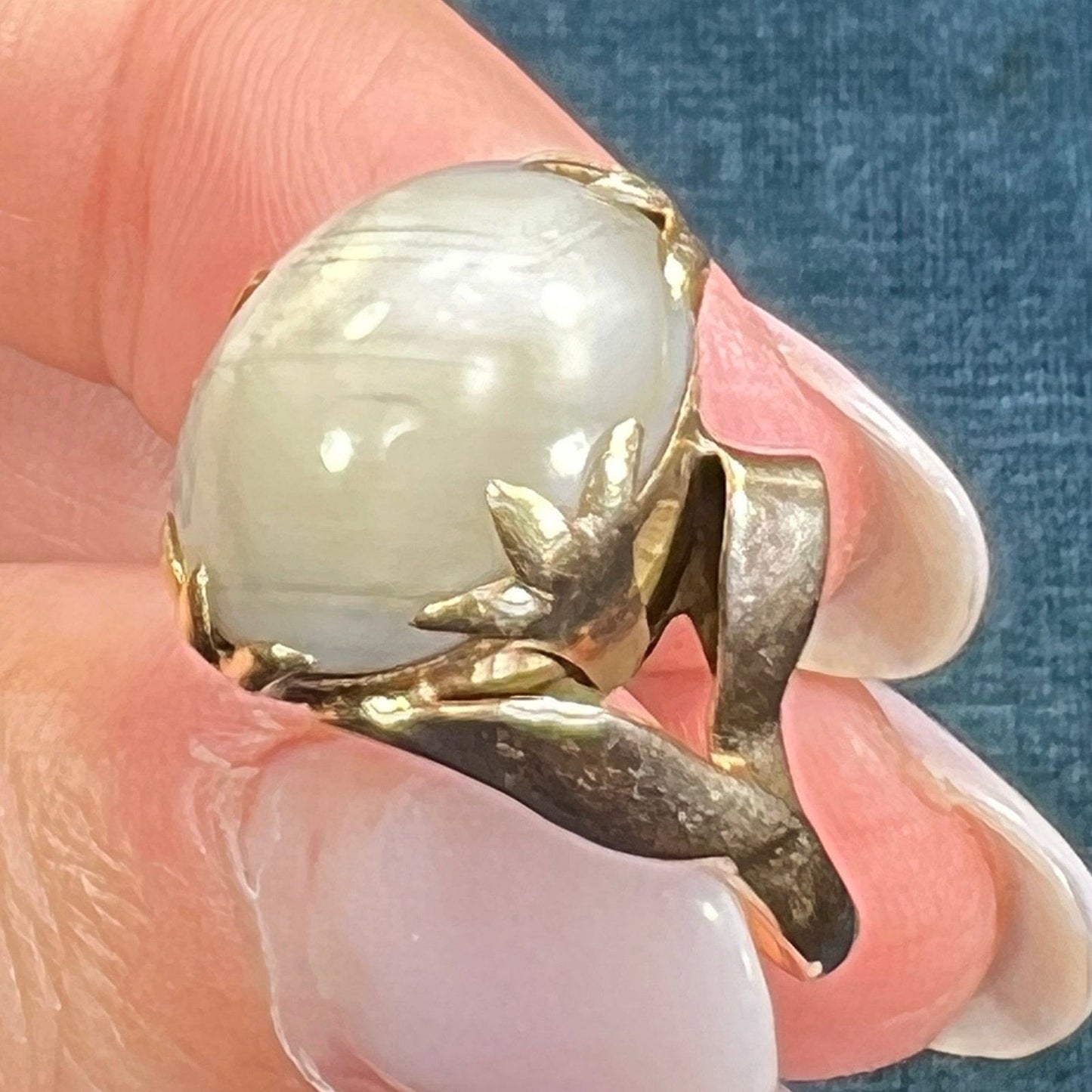 14k Yellow Gold Gray Star Sapphire Ring. Lotus Blossom Prongs *VIDEO*