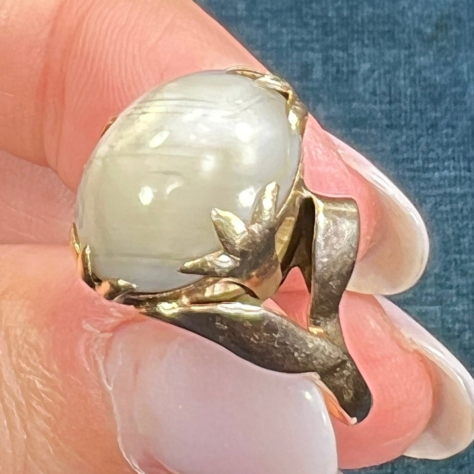 14k Yellow Gold Gray Star Sapphire Ring. Lotus Blossom Prongs *VIDEO*