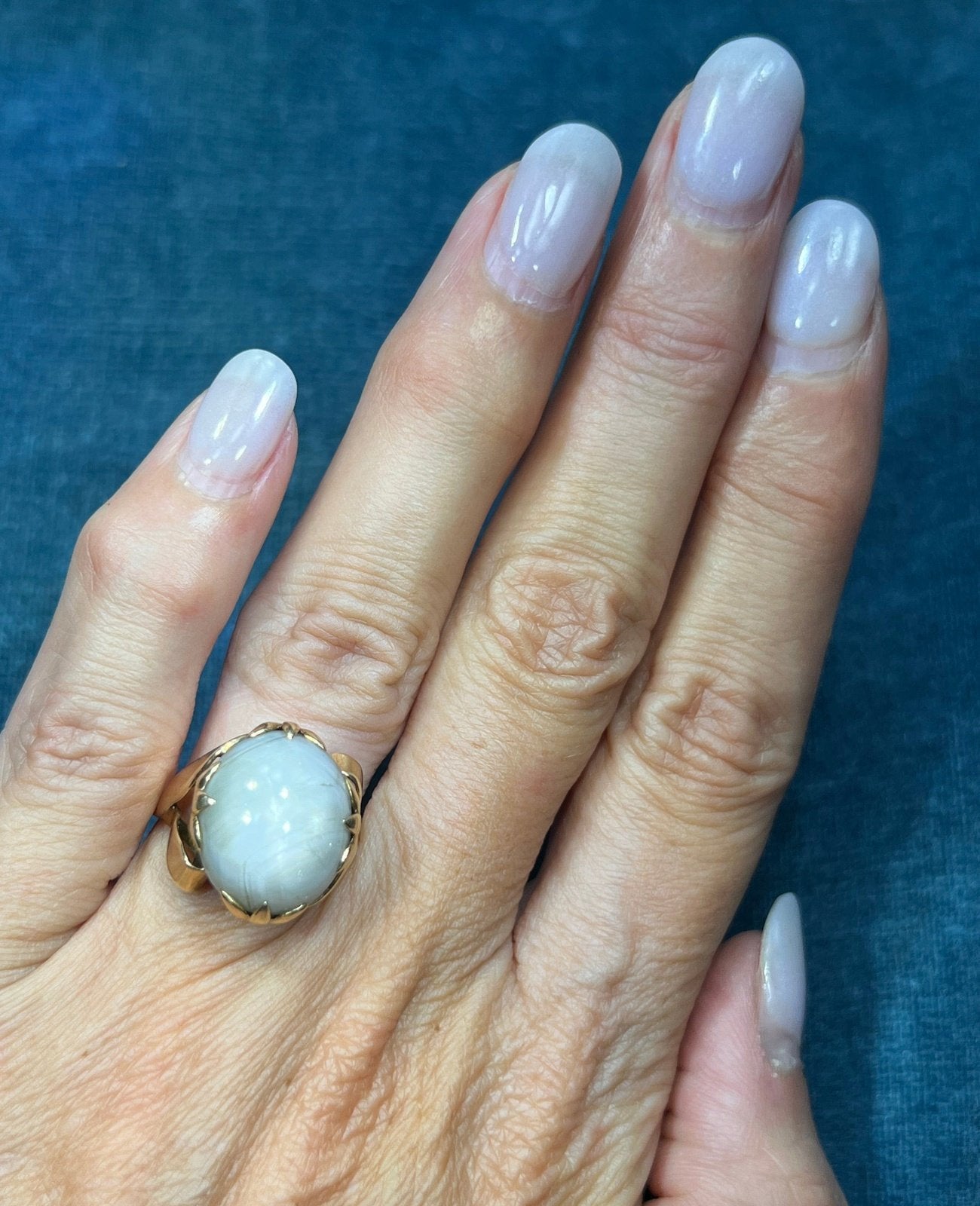 14k Yellow Gold Gray Star Sapphire Ring. Lotus Blossom Prongs *VIDEO*
