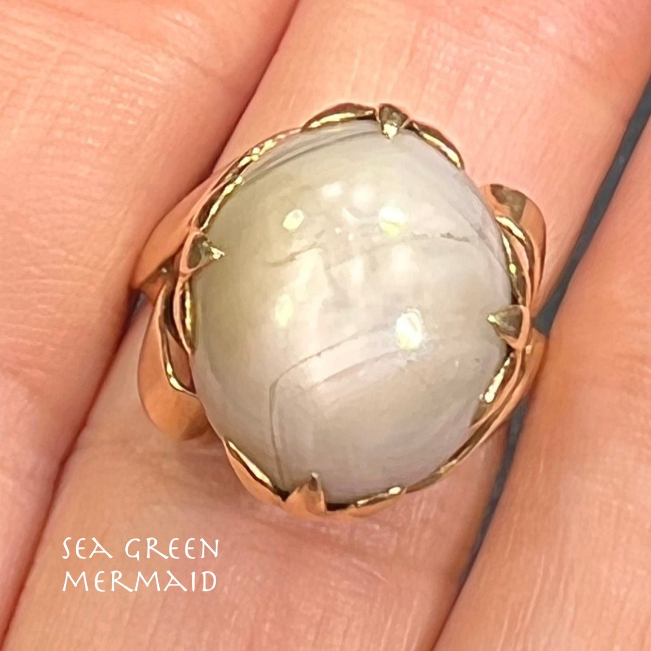 14k Yellow Gold Gray Star Sapphire Ring. Lotus Blossom Prongs *VIDEO*