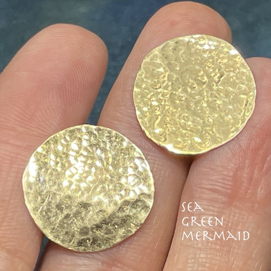 14k Yellow Gold Hammered Disk Earrings. Large 3/4"