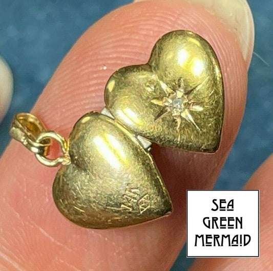 14k Yellow Gold Heart Locket Pendant w Gypsy-Set Diamond. TINY!_b60_6_20