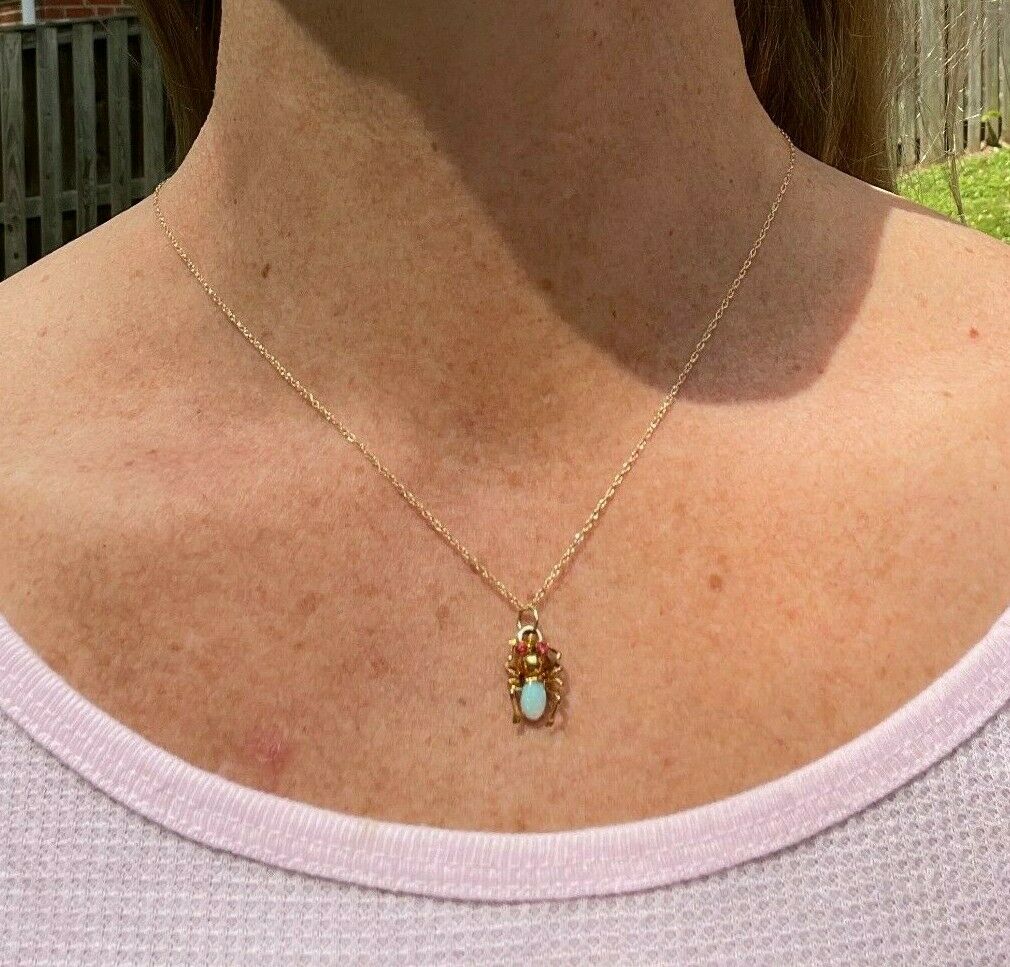 14k Yellow Gold Insect Bug Critter w Ruby & Pinfire Opal Pendant **TINY!* 21_117
