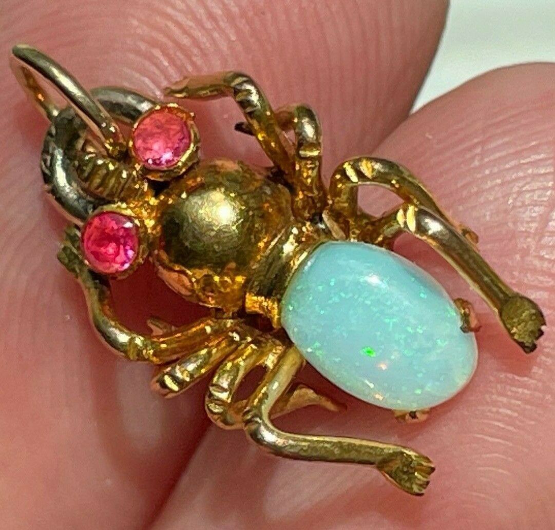 14k Yellow Gold Insect Bug Critter w Ruby & Pinfire Opal Pendant **TINY!* 21_117