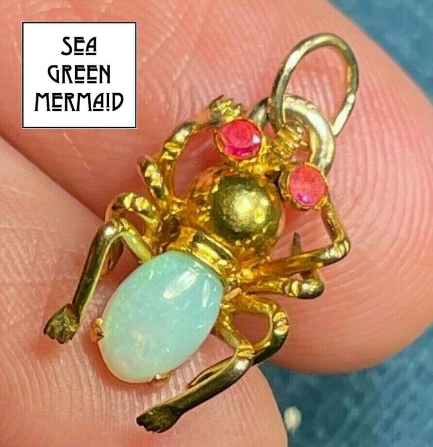 14k Yellow Gold Insect Bug Critter w Ruby & Pinfire Opal Pendant **TINY!* 21_117