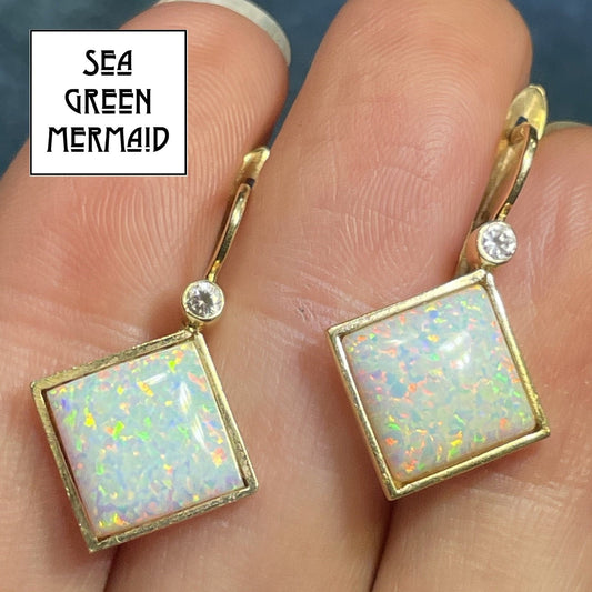 14k Yellow Gold Lab-Grown Opal Leverback Earrings