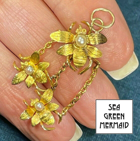 14k Yellow Gold MAMA BUMBLEBEE w 2 Baby Bees Pendant. Pearls_ts300_1_21