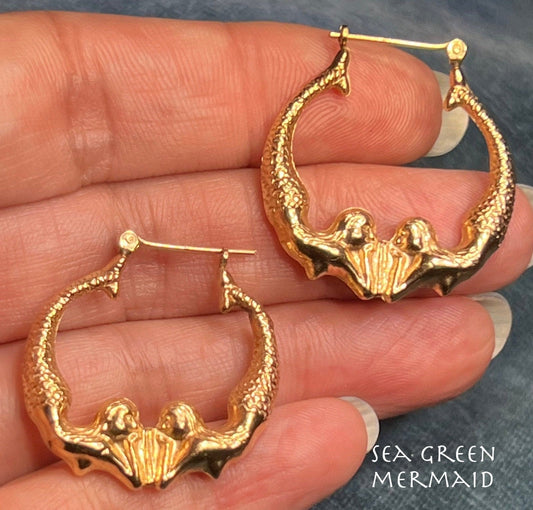 14k Yellow Gold MERMAID Sisters Hoop Art Deco Earrings. 1.2"