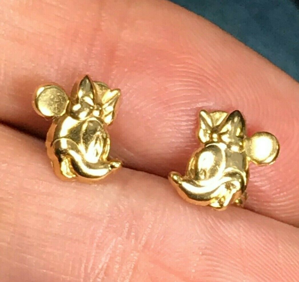 14k Yellow Gold MINNIE MOUSE Earrings. Tiny Studs! Safety Backs_b50_30