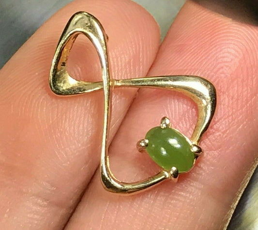 14k Yellow Gold Modern Twist Slide Pendant w Green Jade. 3-D