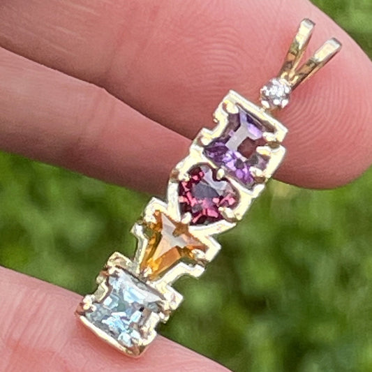 14k Yellow Gold Multi-Gem *L*O*V*E* Pendant w Diamond & Garnet Heart