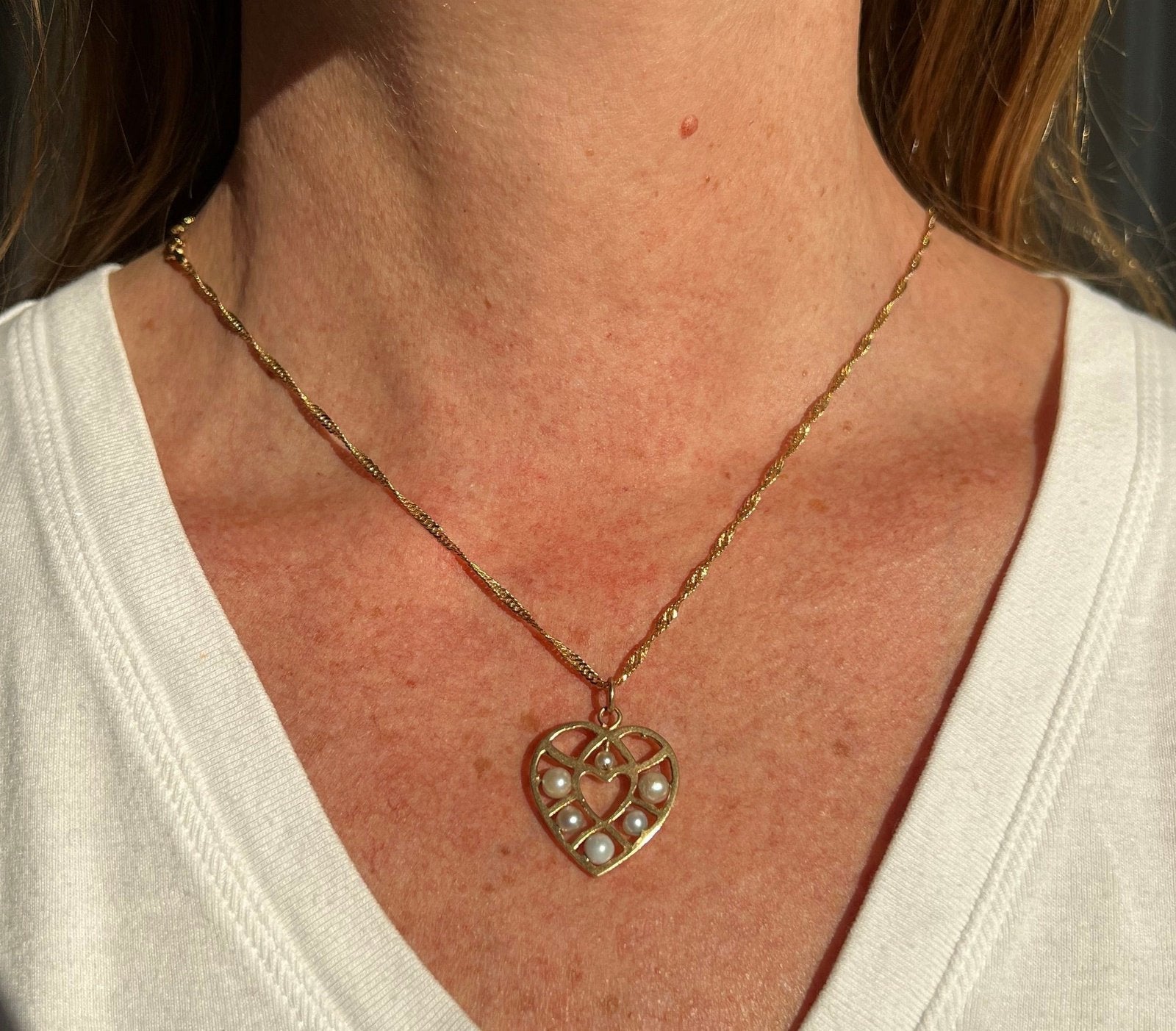 14k Yellow Gold Multi Pearl Brocade Heart Large