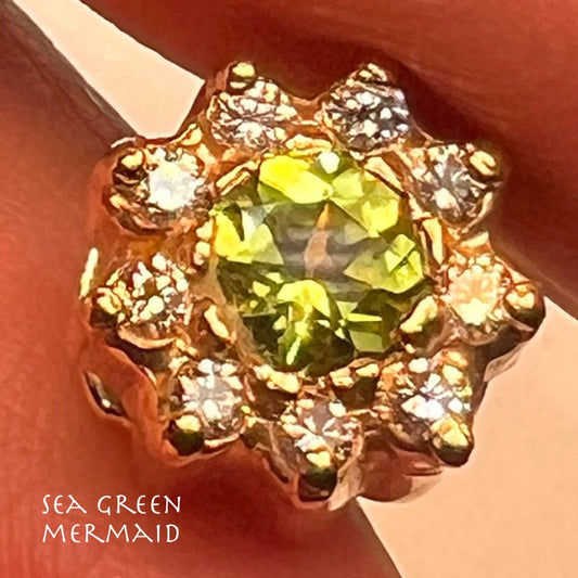 14k Yellow Gold Natural PERIDOT Slide Pendant w Diamond Halo. Small