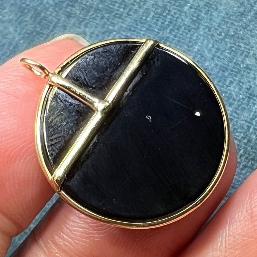 14k Yellow Gold Onyx Crescent Moon Circle Pendant. 1" R