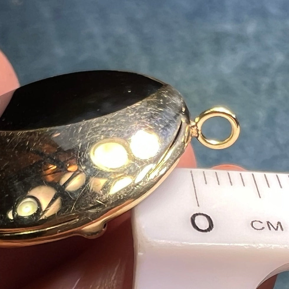 14k Yellow Gold Onyx Crescent Moon Circle Pendant. 1" R