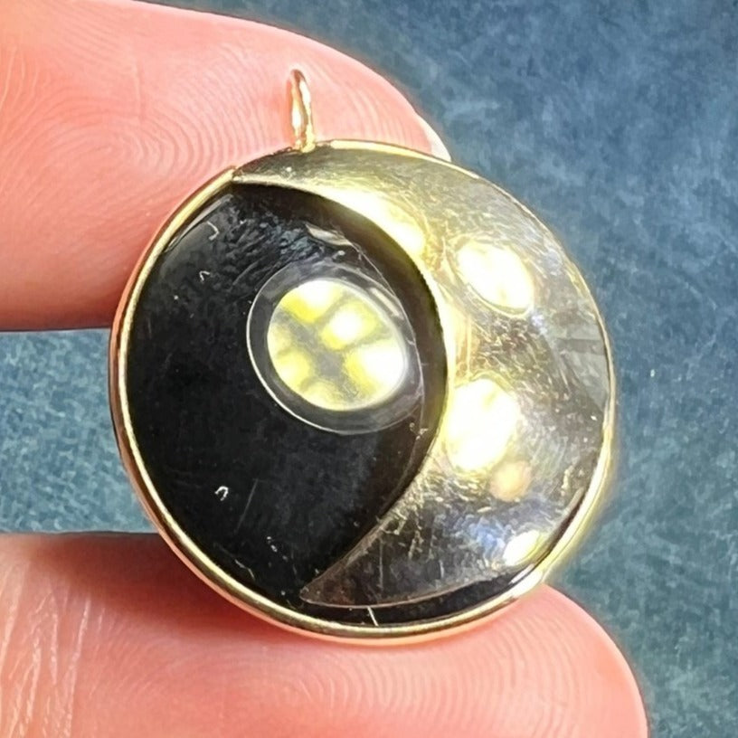 14k Yellow Gold Onyx Crescent Moon Circle Pendant. 1" R