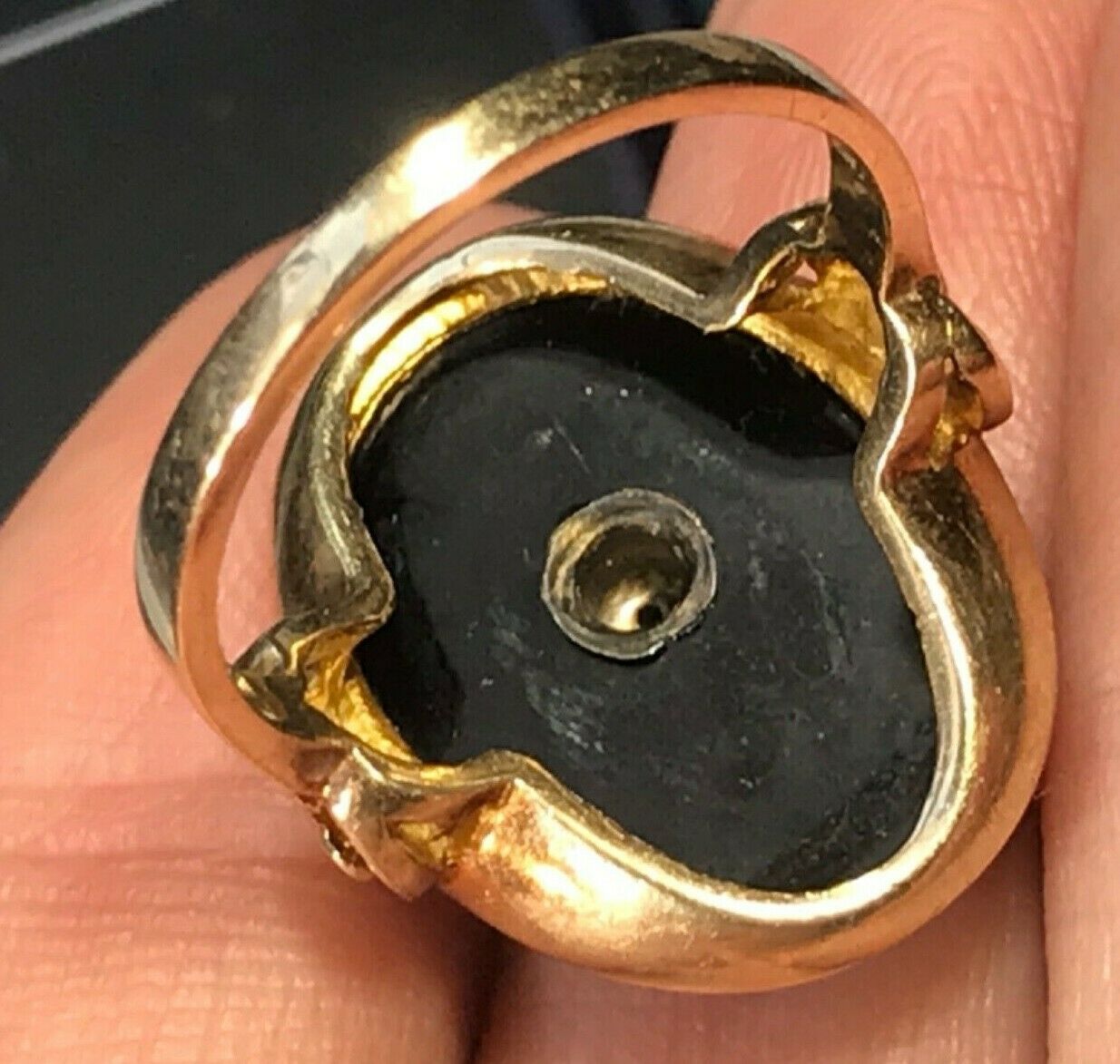 14k Yellow Gold Onyx & Diamond CROSS Signet Ring. Illusion-Set