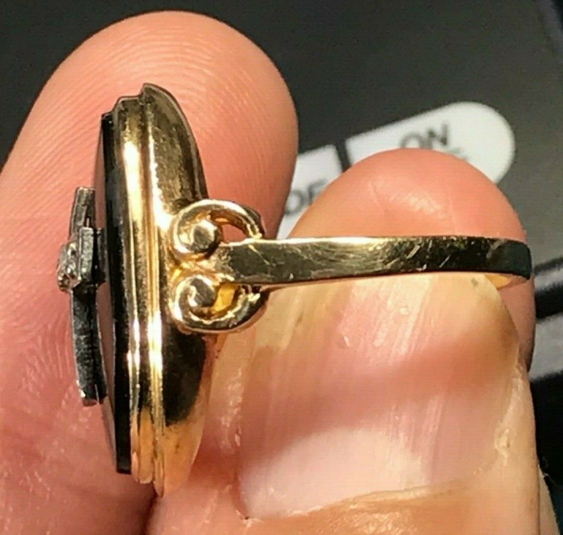14k Yellow Gold Onyx & Diamond CROSS Signet Ring. Illusion-Set