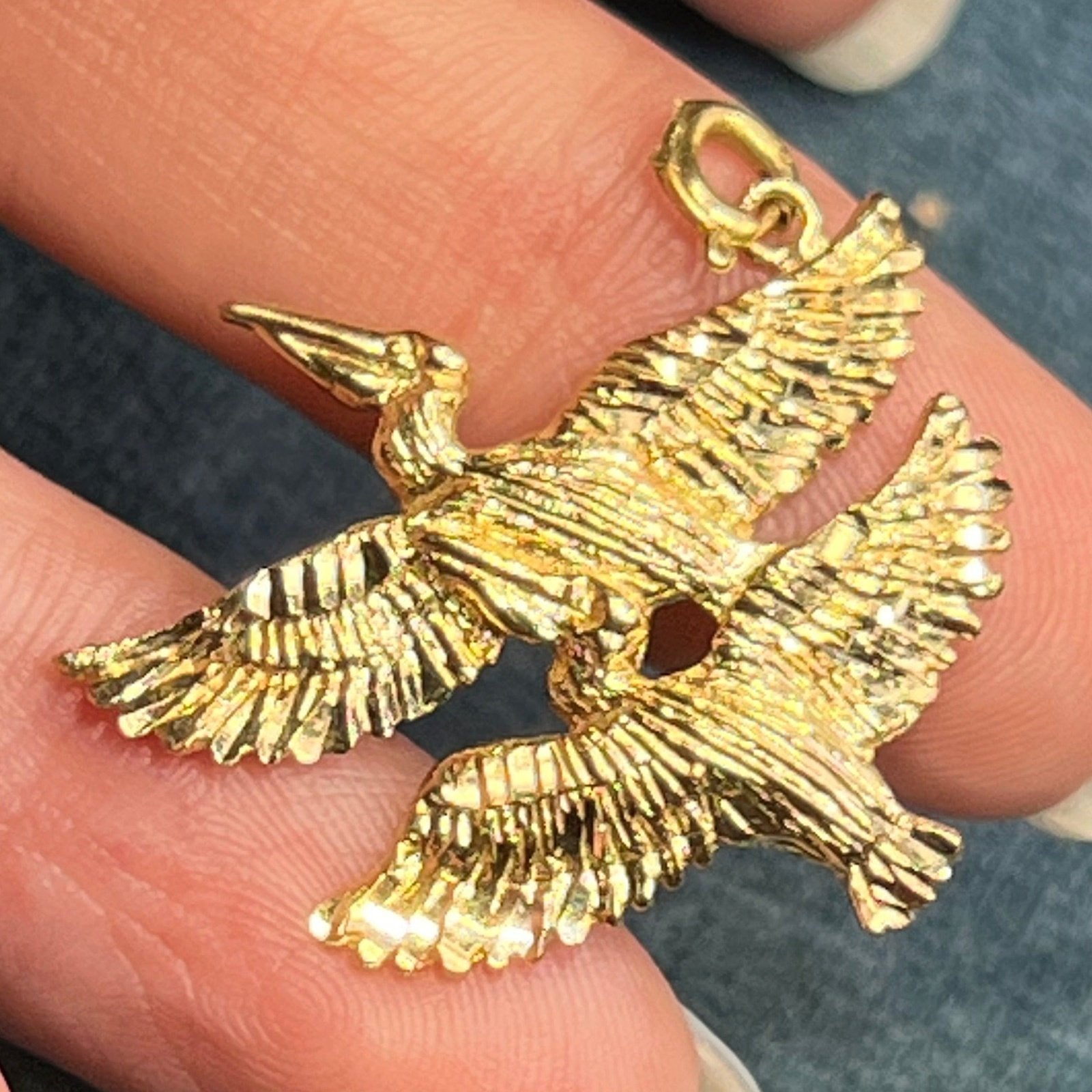 14k Yellow Gold Pair of Pelicans in Flight Pendant. Cooperation! 1.25"
